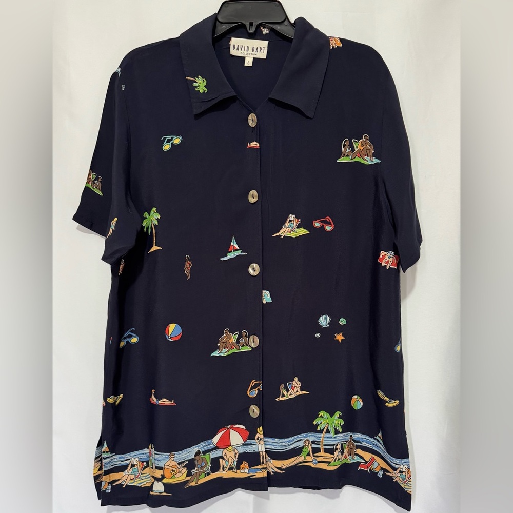 David Dart Navy Blue Women’s Short Sleeve Sea Shell size L. Vintage